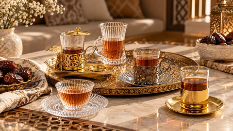 Elegant brass tray with glass cups and dates illustrating luxurious Arabic Tea Sets.   