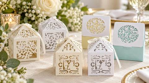 Intricate laser-cut gift boxes styled for elegant Arabic wedding favor ideas.   