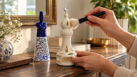 Hand using soft makeup brush to learn How to Care for Porcelain Home Decor pieces.