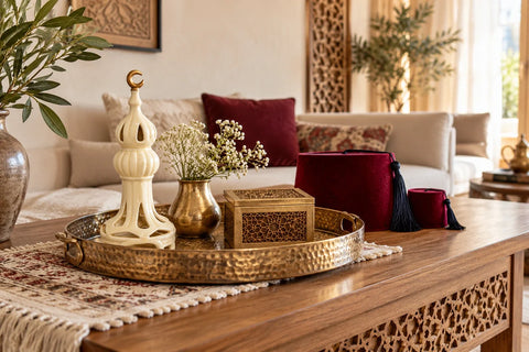 Brass tray, carved wood, and velvet hats for Layering Textures in Middle Eastern Interiors.   