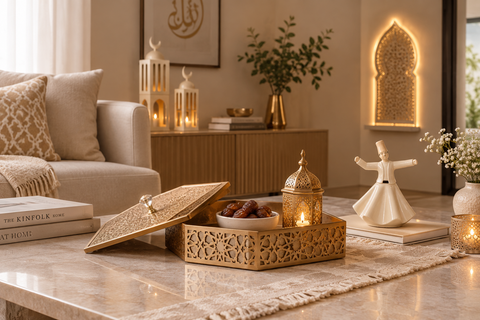 Brass tray, dervish figurine, and lantern styling Middle Eastern decor for modern homes.   
