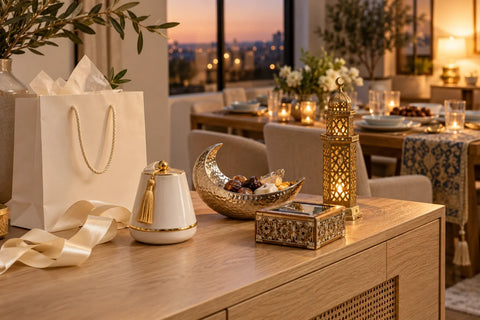 Gift bag, date bowl, lantern, and decor display featuring Ramadan Hostess Gift Ideas.   