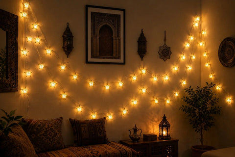 Star-shaped fairy lights hung on wall above tea table: Ramadan Lights to Buy in USA.