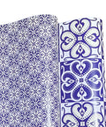 Two patterns of blue and white tiles on a white background