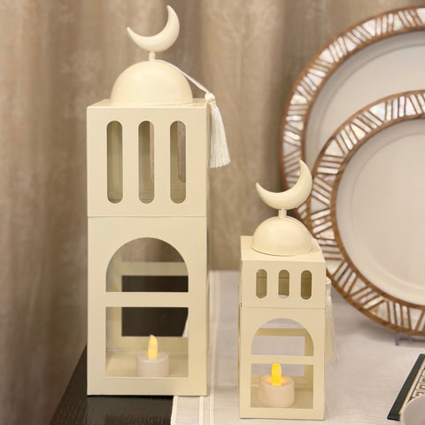 Sahara Minaret Candle Holders – White & Beige Lanterns
