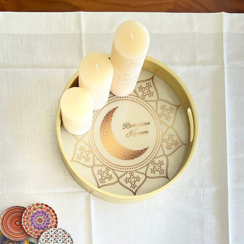 Ramadan Kareem Gold Tray with LED Light for Elegant Décor