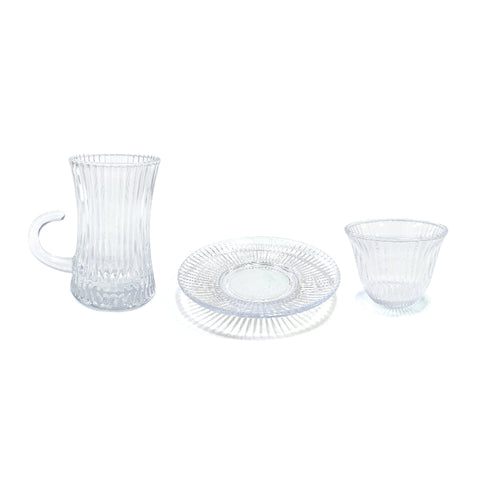 Transparent Ribbed Tea & Coffee Cup Set – (For 6, 18 Piece Set)