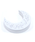 A white porcelain canister with a silver hand-painted moon and stars design, with the phrase 'Ramadan Kareem'.