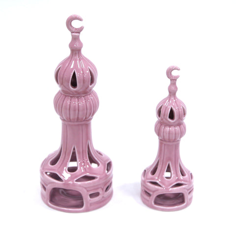 Porcelain candle holder shaped like a minaret – elegant Islamic décor accent with hand-painted details.