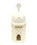 Porcelain candle holder shaped like a mosque with arabesque design – refined Islamic décor for spiritual ambiance.