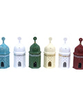 Porcelain candle holder shaped like a mosque with arabesque design – refined Islamic décor for spiritual ambiance.