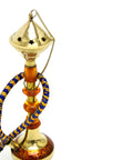 Four blue and golden hookah pipes with decorative metal tops and flexible hoses, displayed against a plain white background.