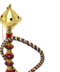 One blue and golden hookah pipes with decorative metal tops and flexible hoses, displayed against a plain white background.