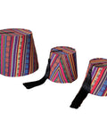 A set of three fabric tarboush boxes with colorful geometric patterns and black tassels.
