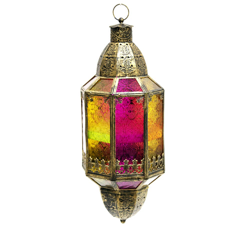 Colored Glass Hanging Lantern in Vintage Gold for decor
