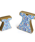 Porcelain kaftan-shaped canister with marbled Ebru pattern – artistic Arabic décor with Mediterranean elegance.