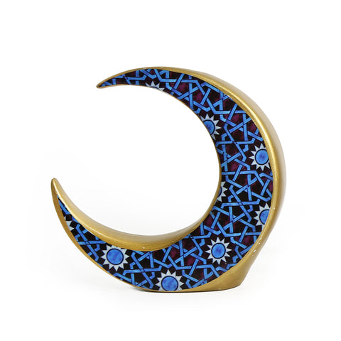 Porcelain moon-shaped figurine with hand-painted Pasha pattern – elegant Arabic décor with celestial charm.