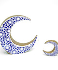 Porcelain moon décor with intricate arabesque motif – elegant Arabic décor with spiritual and artistic flair.