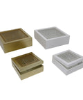A set of square-shaped, hand-painted wooden boxes with transparent glass tops, part of the 'Andalusia' Collection.