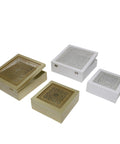A set of square-shaped, hand-painted wooden boxes with transparent glass tops, part of the 'Andalusia' Collection.