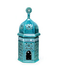 Porcelain candle holder shaped like a mosque with arabesque design – refined Islamic décor for spiritual ambiance.