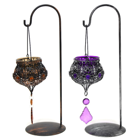 Vintage hanging candle holder adorned with beads and stones – ornate lantern décor for warm, festive ambiance.