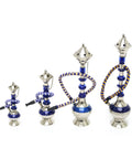 Four blue and silver hookah pipes of varying sizes arranged in a row, each with decorative metal tops and flexible hoses, displayed against a plain white background.