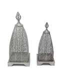 Two Metalic cone shaped candle holder  in silver color.