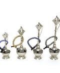 Four blue and silver hookah pipes with decorative metal tops and flexible hoses, displayed against a plain white background.