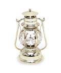 A silver-plated miniature lantern with a crystal embellishment in the center, featuring intricate openwork design and dangling handles.