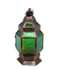 Decorative lantern with green glass panels and bronze metalwork.