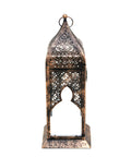 A 13-inch tall copper lantern with clear windows and intricate metal designs, suitable as a candle holder.