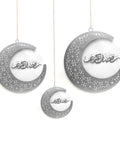 Hanging Moon with Ramadan Kareem calligraphy in silver colour.