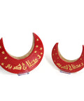 Crescent moon-shaped porcelain box with gold calligraphy reading Ramadan Kareem – elegant Ramadan décor with crescent lights charm.