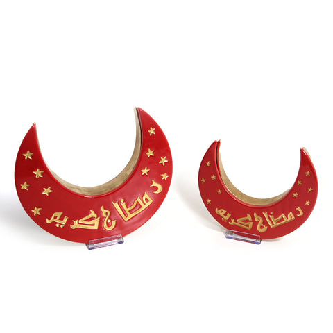 Crescent moon-shaped porcelain box with gold calligraphy reading Ramadan Kareem – elegant Ramadan décor with crescent lights charm.