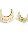 Crescent moon-shaped porcelain box with gold calligraphy reading Ramadan Kareem – elegant Ramadan décor with crescent lights charm.